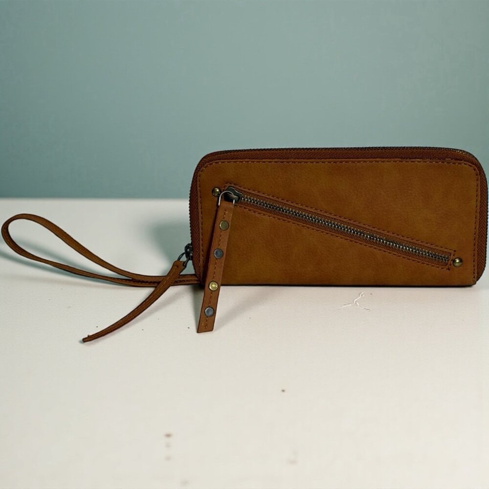 Free People Vegan Wristlet Wallet Brown Zip Around